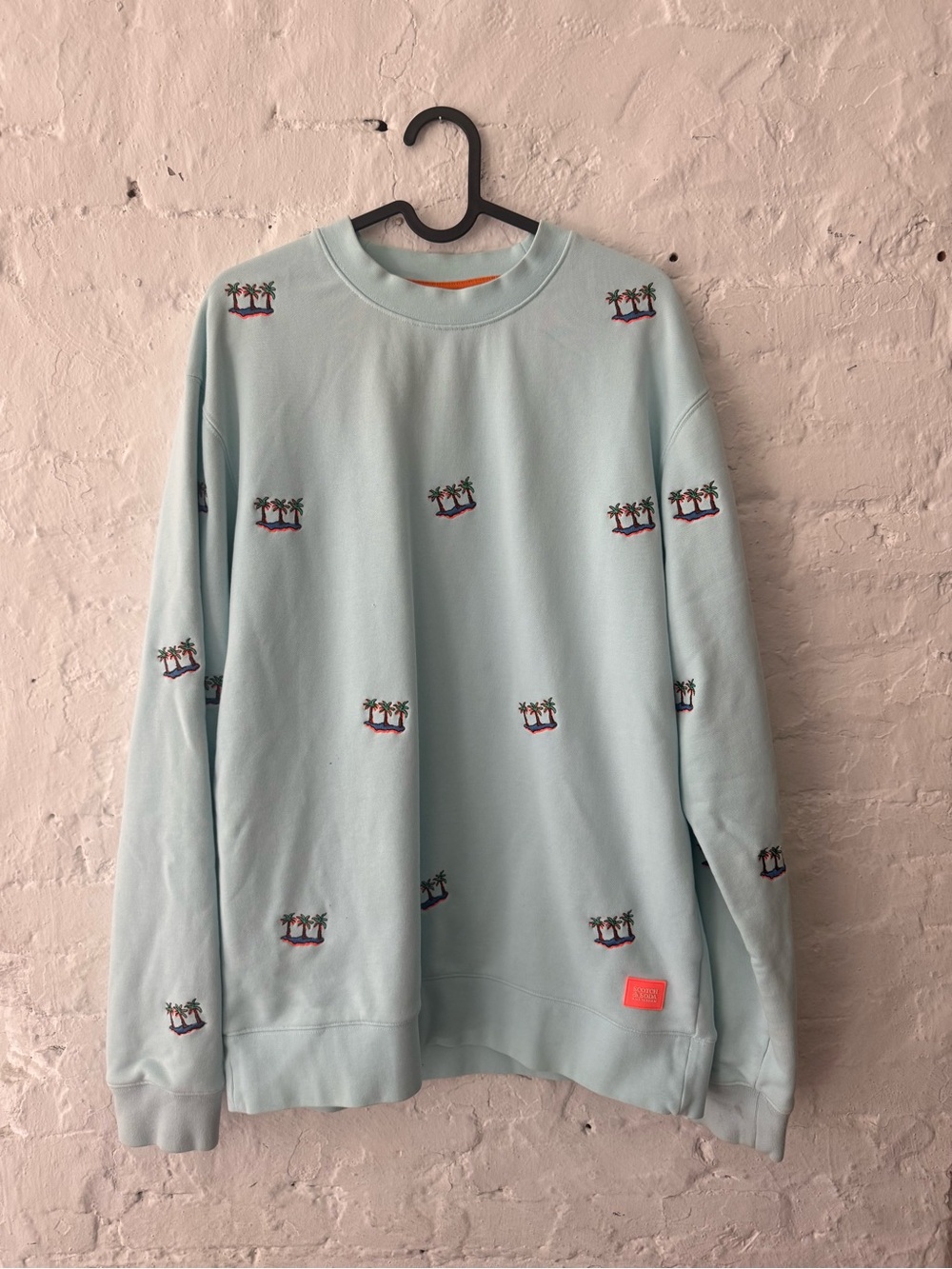 Scotch & Soda Sweatshirt Mens L Light Teal Mini Palm Tree Embroidered Crew Neck - Picture 1 of 2